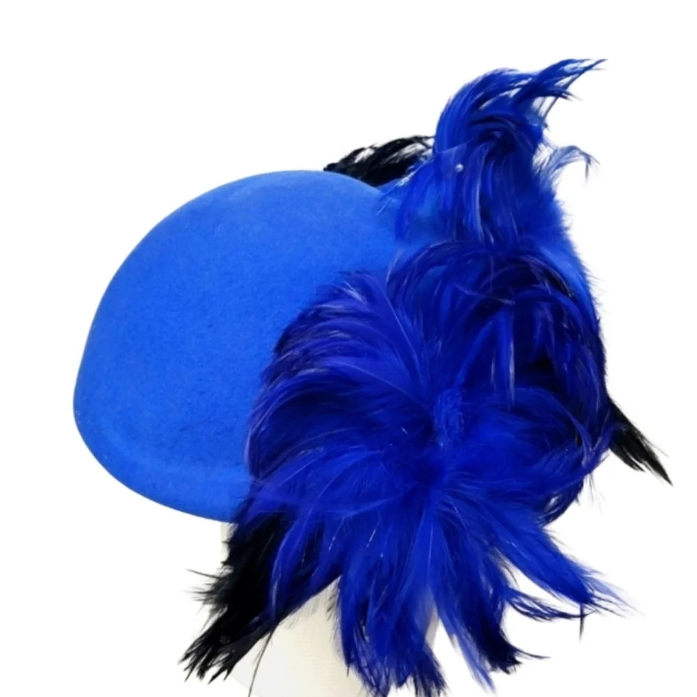 MR. JOHN 1950s Wool Couture Hat Blue Feather Fascinator Vintage Old Hollywood